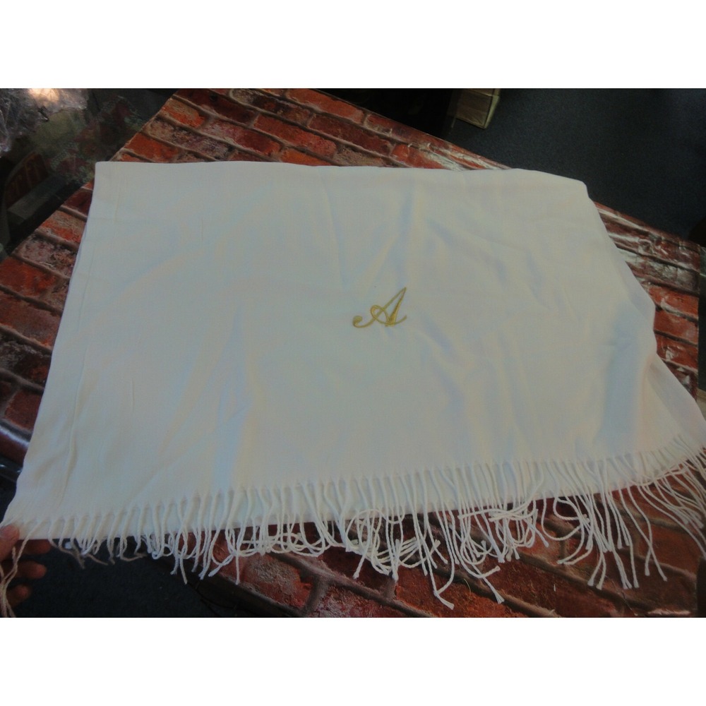 Beautiful‎ cream scarf wrap letter initial "A" embroidered in gold NEW fringes